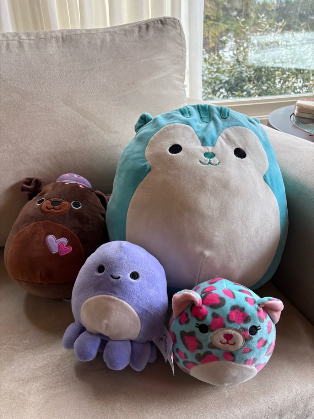 Squishmallow Santiago the Squirrel, Rico the dog, violet octopus, chelsea